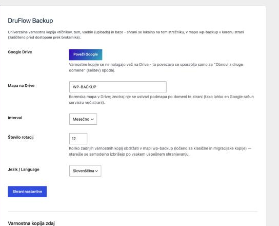 Nastavitve DruFlow Backup